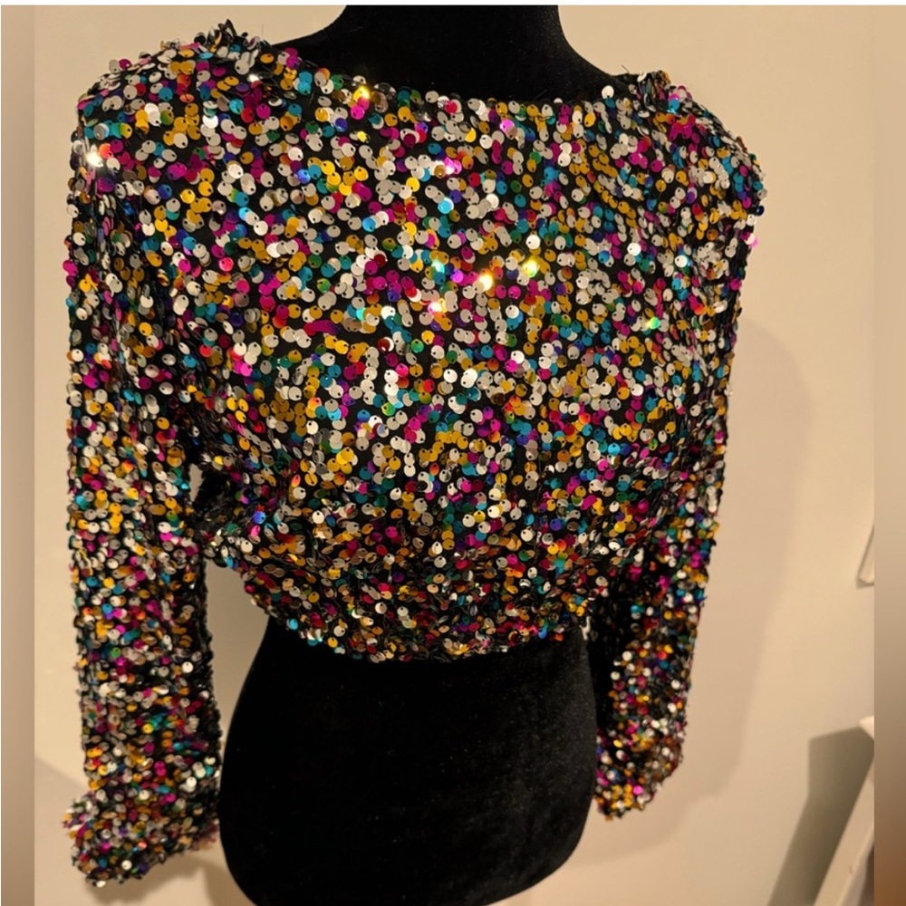 Super Fun & Sparkly Cropped Sequins Long Bell Sleeved Top, Multi-Colored Rainbow